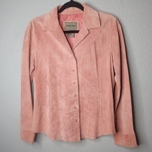 Brandon Thomas Womens M medium 100% Leather Blouse Button Shirt Pink‎ Western